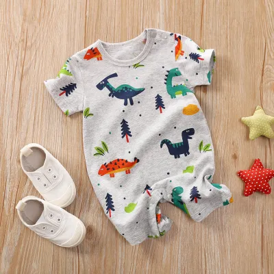 Baby Cute Cartoon Pattern Round Neck Short Sleeve Romper Cotton Lightweight Leisure Pullover Unisex 0-3T