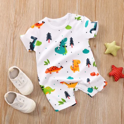 Baby Cute Cartoon Pattern Round Neck Short Sleeve Romper Cotton Lightweight Leisure Pullover Unisex 0-3T