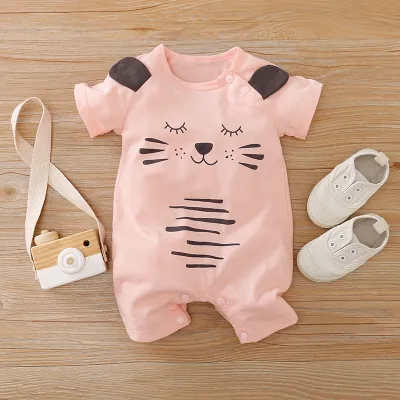 Baby Cute Cartoon Pattern Round Neck Short Sleeve Romper Cotton Lightweight Leisure Pullover Unisex 0-3T
