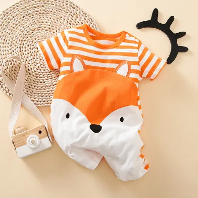 Baby Cute Cartoon Pattern Round Neck Short Sleeve Romper Cotton Lightweight Leisure Pullover Unisex 0-3T