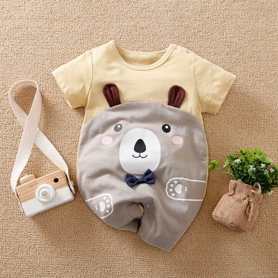 Baby Cute Cartoon Pattern Round Neck Short Sleeve Romper Cotton Lightweight Leisure Pullover Unisex 0-3T