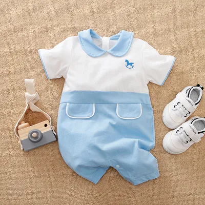 Baby Cute Cartoon Pattern Round Neck Short Sleeve Romper Cotton Lightweight Leisure Pullover Unisex 0-3T