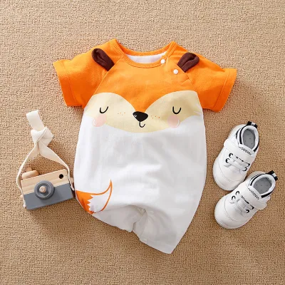 Baby Cute Cartoon Pattern Round Neck Short Sleeve Romper Cotton Lightweight Leisure Pullover Unisex 0-3T