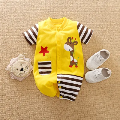 Baby Cute Cartoon Pattern Round Neck Short Sleeve Romper Cotton Lightweight Leisure Pullover Unisex 0-3T