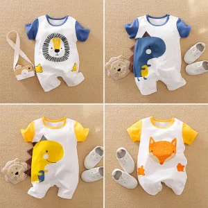 Baby Cute Cartoon Pattern Round Neck Short Sleeve Romper Cotton Lightweight Leisure Pullover Unisex 0-3T