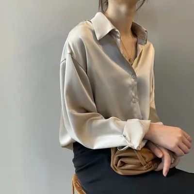 Women Elegant Work Satin Long-sleeved Single-breasted Solid Color Blouse