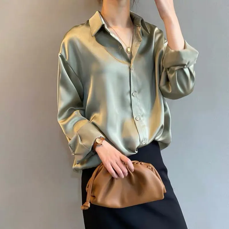 Women Elegant Work Satin Long-sleeved Single-breasted Solid Color Blouse