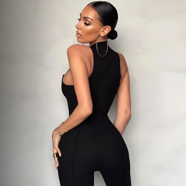 Women Basic Solid Color Sleeveless High Waist Rib Knit Jumpsuits