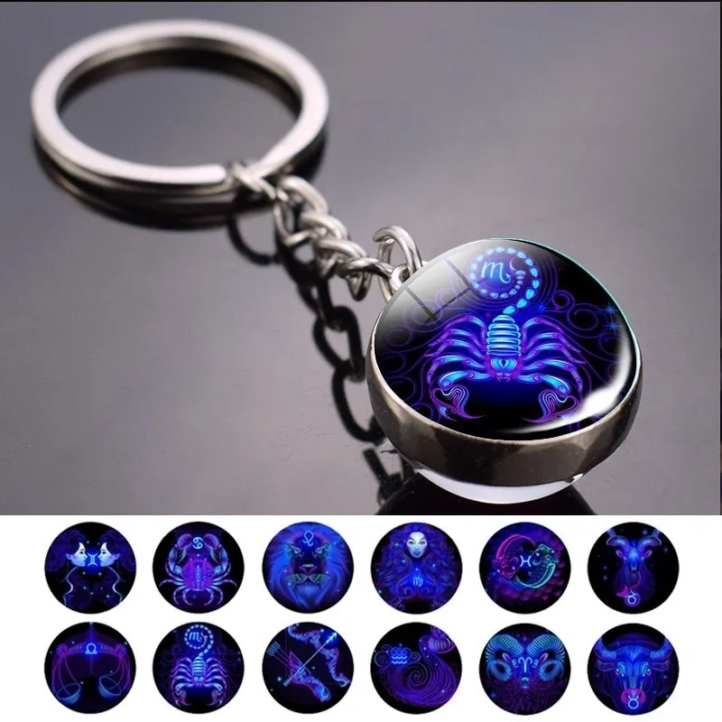 Vintage Zodiac Glass Ball Decorated Alloy Key Chain