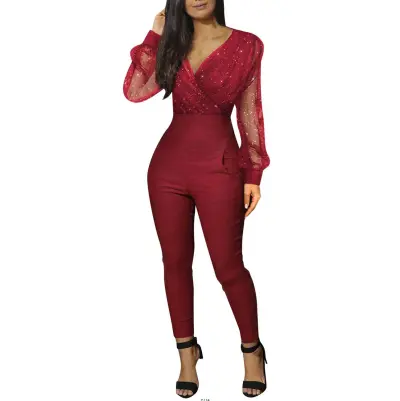 Women Elegant Sequins Solid Color V Neck Mesh See-through Long Sleeves Jumpsuits