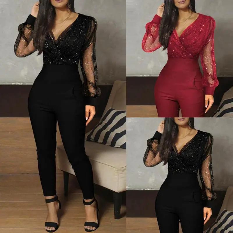 Women Elegant Sequins Solid Color V Neck Mesh See-through Long Sleeves Jumpsuits