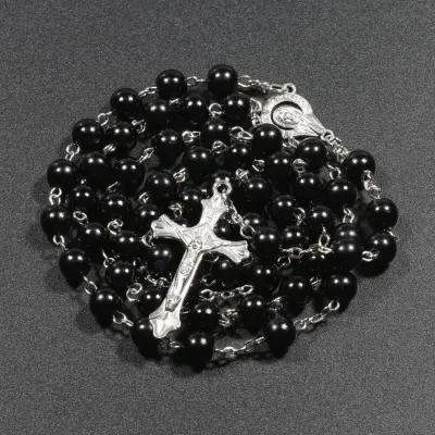 Jesus Cross Pendant Alloy Rosary Necklace Beaded Design Religious Jewelry