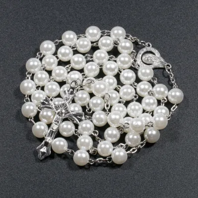 Jesus Cross Pendant Alloy Rosary Necklace Beaded Design Religious Jewelry