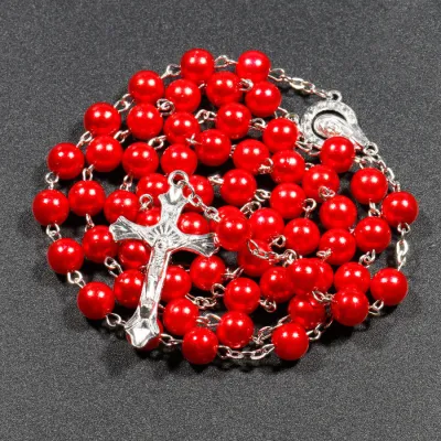 Jesus Cross Pendant Alloy Rosary Necklace Beaded Design Religious Jewelry