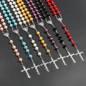 Jesus Cross Pendant Alloy Rosary Necklace Beaded Design Religious Jewelry