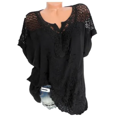 Plus Size Women Casual Loose Short-Sleeved Lace Hollow Out Blouse