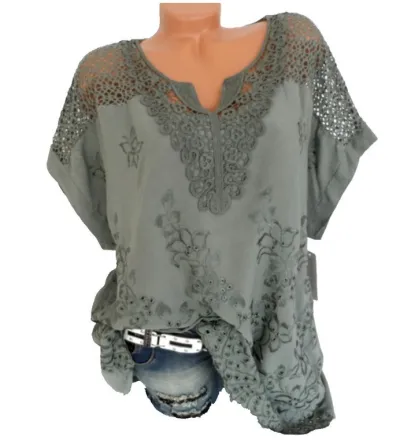 Plus Size Women Casual Loose Short-Sleeved Lace Hollow Out Blouse