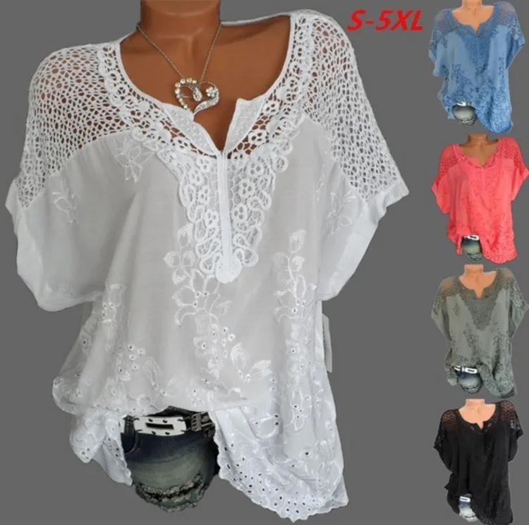 Plus Size Women Casual Loose Short-Sleeved Lace Hollow Out Blouse