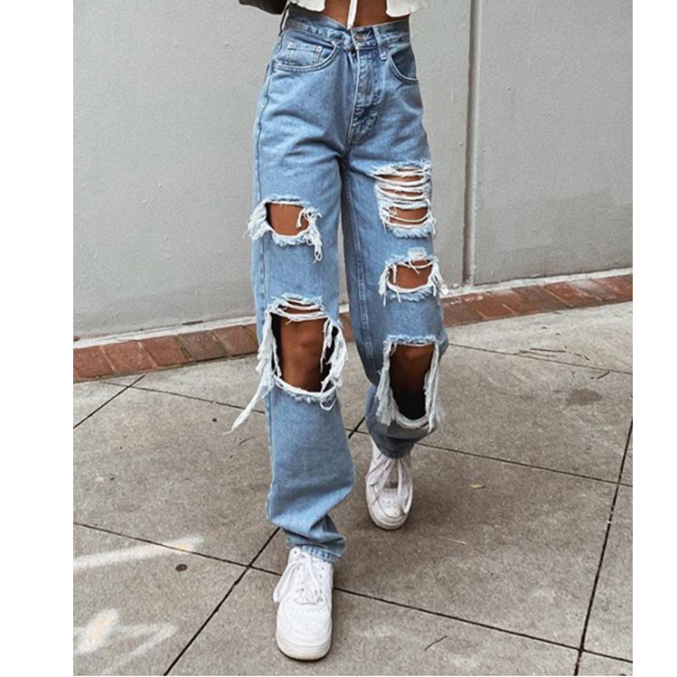 Wholesale Women Edgy Ripped Raw Hem Loose Waist Wide Leg Jeans