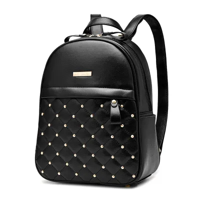 Women Fashion Rivet Design Solid Color Casual PU Backpack Large