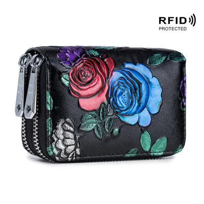 Fashion Vintage Rose Pattern Genuine Leather Zipper Wallet