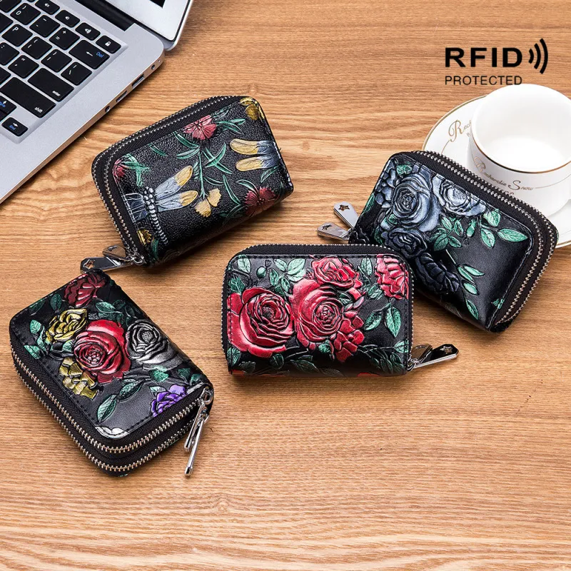 Fashion Vintage Rose Pattern Genuine Leather Zipper Wallet