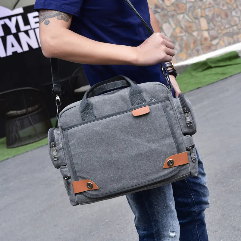 Casual Men Multi Pocket Canvas Shoulder Bag Business Commute 14 Inches