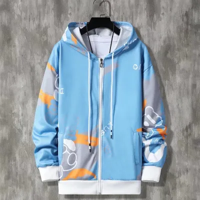 Men Casual Long Sleeve Bear Printed Zipper Loose Hoodie