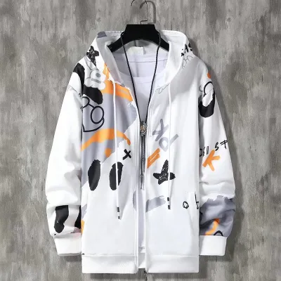 Men Casual Long Sleeve Bear Printed Zipper Loose Hoodie