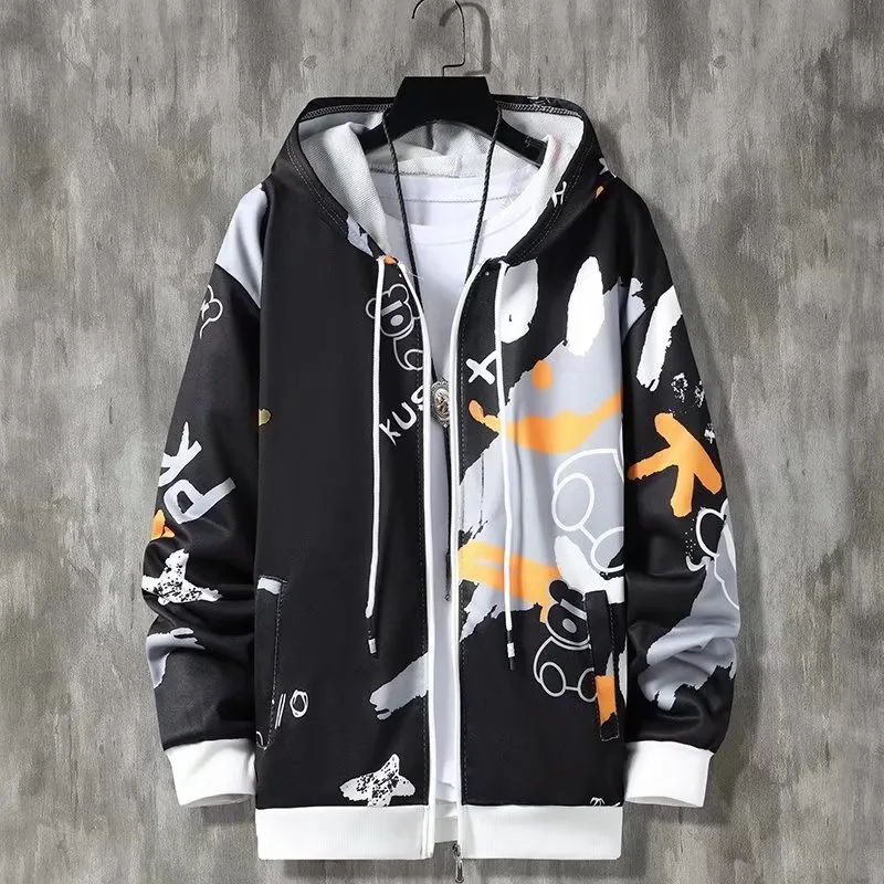 Men Casual Long Sleeve Bear Printed Zipper Loose Hoodie