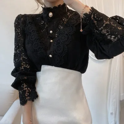 Women Sweet Elegant Vintage Hollow Out Lace Patchwork Solid Color Long Sleeves Blouse