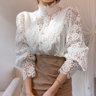 Women Sweet Elegant Vintage Hollow Out Lace Patchwork Solid Color Long Sleeves Blouse