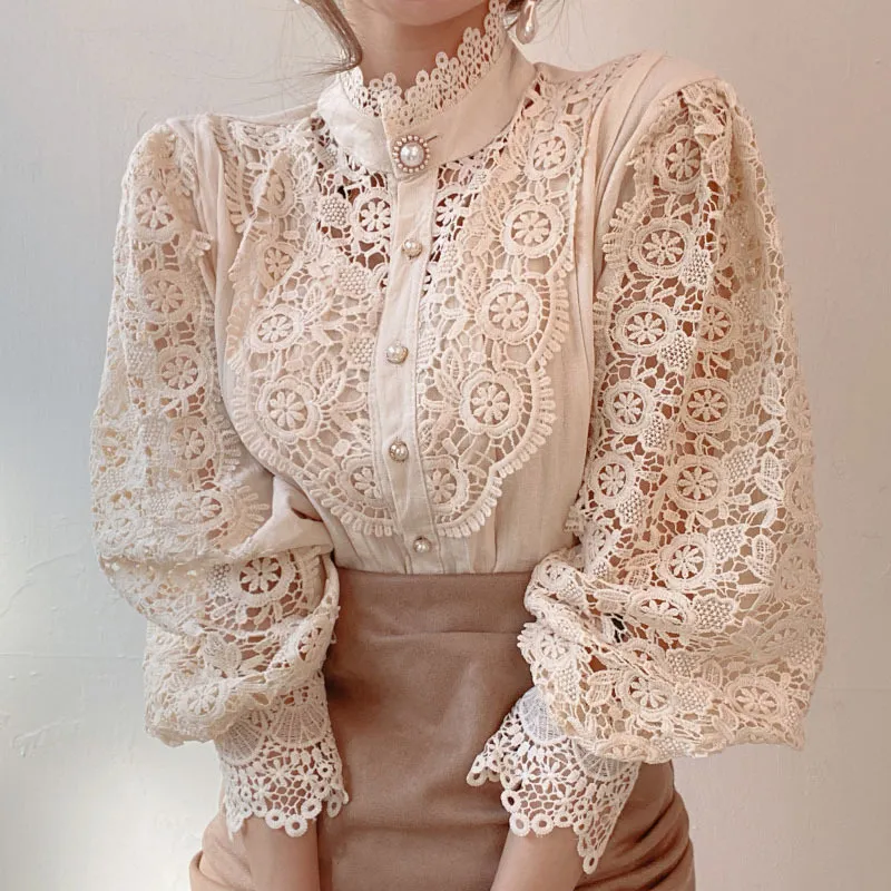 Women Sweet Elegant Vintage Hollow Out Lace Patchwork Solid Color Long Sleeves Blouse