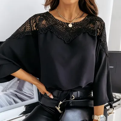 Women Elegant Solid Color Long Sleeves Lace Patchwork Vintage Blouses