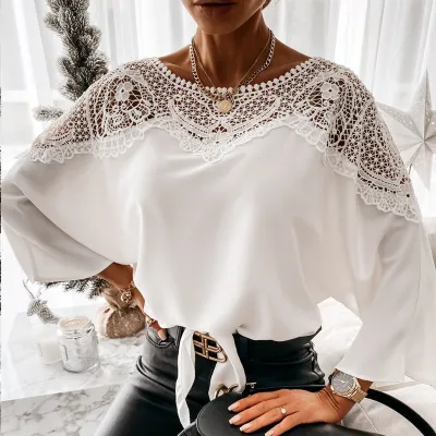 Women Elegant Solid Color Long Sleeves Lace Patchwork Vintage Blouses