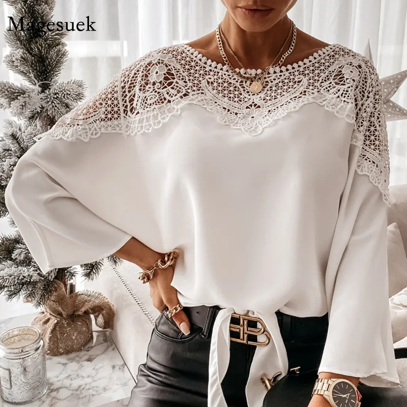 Women Elegant Solid Color Long Sleeves Lace Patchwork Vintage Blouses