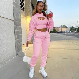 Women Casual Solid Color Fleece-lined Hooded Top with Drawstring Waist Jogger Sweatpants and Tank Top Three-Piece Set