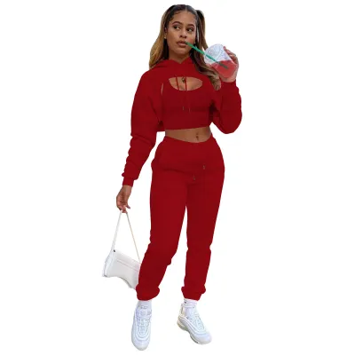 Women Casual Solid Color Fleece-lined Hooded Top with Drawstring Waist Jogger Sweatpants and Tank Top Three-Piece Set