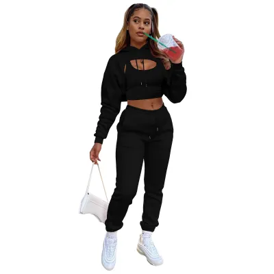 Women Casual Solid Color Fleece-lined Hooded Top with Drawstring Waist Jogger Sweatpants and Tank Top Three-Piece Set