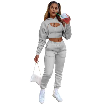 Women Casual Solid Color Fleece-lined Hooded Top with Drawstring Waist Jogger Sweatpants and Tank Top Three-Piece Set