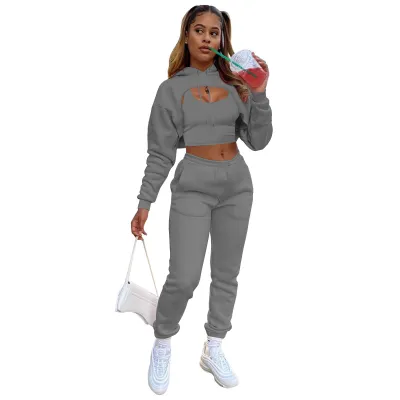 Women Casual Solid Color Fleece-lined Hooded Top with Drawstring Waist Jogger Sweatpants and Tank Top Three-Piece Set