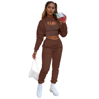 Women Casual Solid Color Fleece-lined Hooded Top with Drawstring Waist Jogger Sweatpants and Tank Top Three-Piece Set