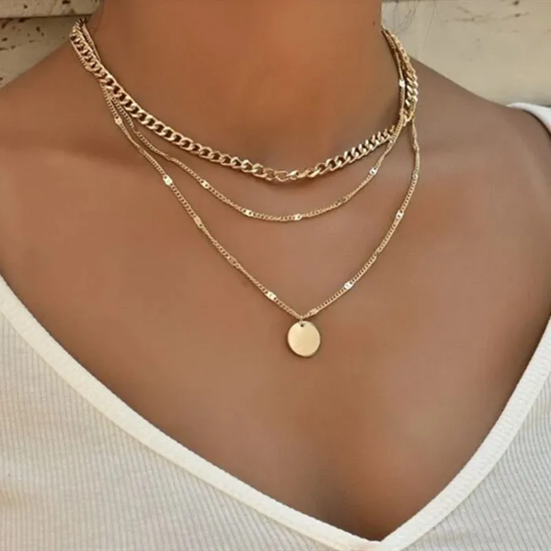 Simple Round Pendant Alloy Multilayer Necklace for Couple