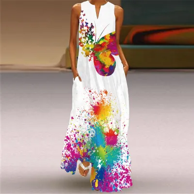 Women Casual Vintage Summer Sleeveless Gradient Color Maxi Dress