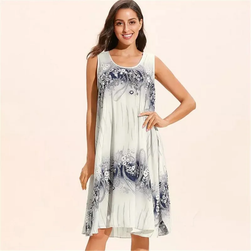 Women Summer Vintage Plus Size Casual Sleeveless Loose A-line Print Dresses