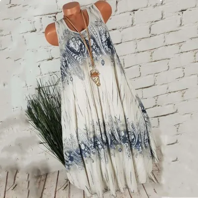 Women Summer Vintage Plus Size Casual Sleeveless Loose A-line Print Dresses