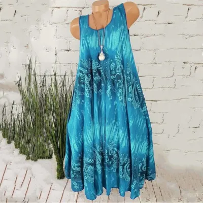 Women Summer Vintage Plus Size Casual Sleeveless Loose A-line Print Dresses