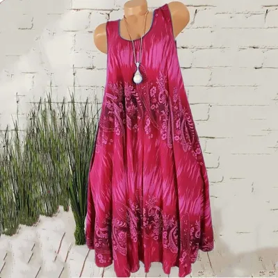 Women Summer Vintage Plus Size Casual Sleeveless Loose A-line Print Dresses
