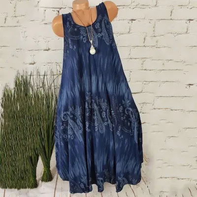 Women Summer Vintage Plus Size Casual Sleeveless Loose A-line Print Dresses