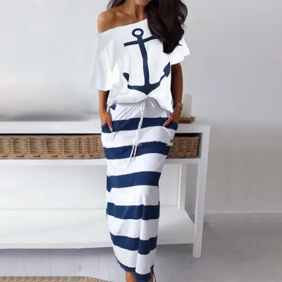 Women Casual Edgy Graphic Printed Top And Striped Color Blocking Skirt Set